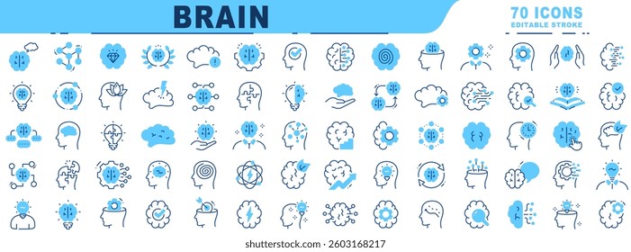 Big set of brain related filled line icons. Editable stroke