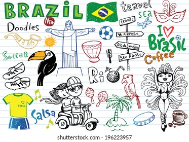 Big set of Brazilian doodles - football, Brazilian accessories, clothes, trees, musical instruments, animals. For banners, sport backgrounds, presentations 