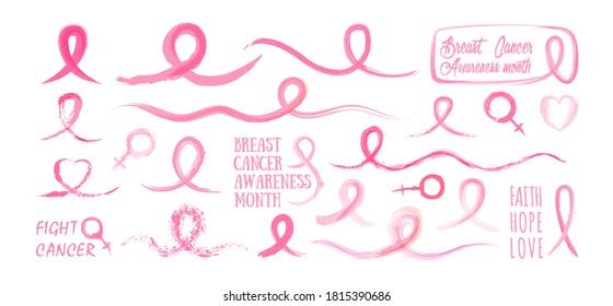 Big set of Breast Cancer Awareness pink ribbon isolated on white background, ribbons painted with watercolor brush. Symbol of breast cancer awareness month in october. 