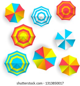 Big set of bright beach umbrellas. Beach umbrellas top view.  Vector illustration. 