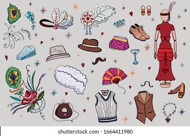 Big Set Bright Color Collage Fashion And Style 20s-30s, The Great Gatsby, Isolated Elements. Hair Accessories, Hats And Clothes