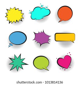 Big set of bright color retro comic speech bubbles with black halftone shadow in pop art style. Green, blue, red, yellow and pink balloons for comics book, advertisement text, web design, badge