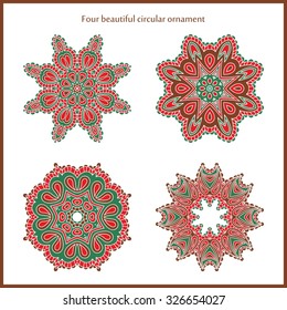 Big set of bright color and vintage circular ornaments. Mandala. Vintage decorative elements. Islam, Arabic, Indian, ottoman motifs. Set of beautiful ethnic, oriental ornaments. Stylized flowers.
