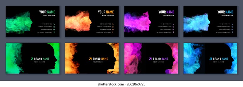 Big set of bright colorful business card template with vector watercolor head silhouette on black background