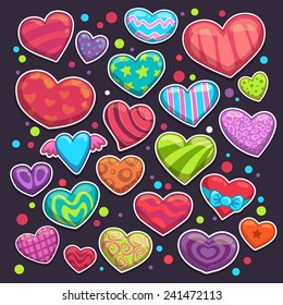 Big set of bright colorful heart stickers on the dark background