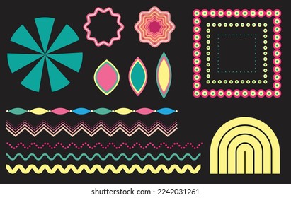 Big set of bright colourful Vector elements and shapes: Arches, stars, squares, waves, zig-zags. Editable and scalable. Isolated shapes, Use for posters, logos, branding, templates, icons etc
