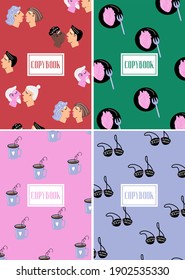 Big set of bright covers for copybook with kissing couple, heart, coffee mugs and bras. Covers in four colors for Valentine's Day. Vector flat copybooks with funny elements in cartoon style. 