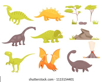 Big set of bright dinosaurus with elements for creating scenes
