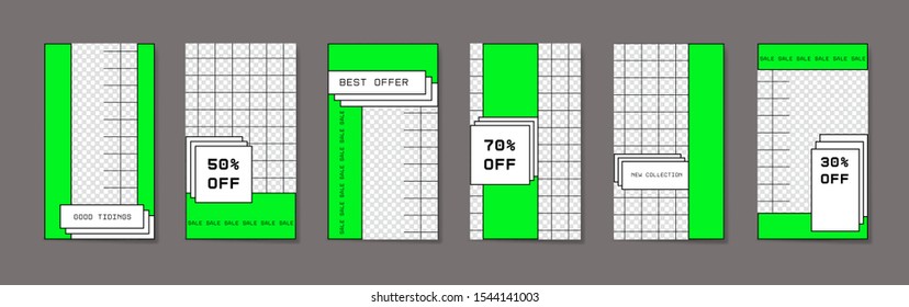 Big set of bright editable template for stories and streaming. Flat geometric pattern in neon colors.