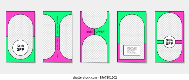 Big set of bright editable template for stories and streaming. Flat geometric pattern in neon colors.