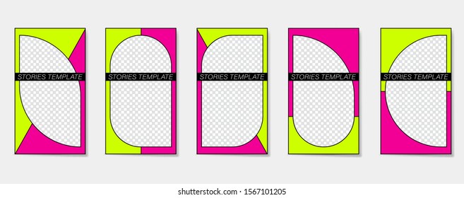 Big set of bright editable template for stories and streaming. Flat geometric pattern in neon colors.