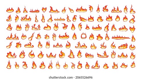 Big set of bright flames. Colorful fire icons.