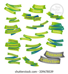 Big set of bright green labels and ribbons. 
