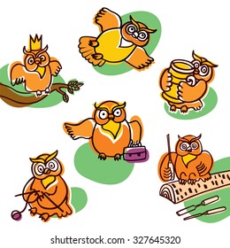  Big set of bright owl characters in vector. Lovely owls in cartoon style.