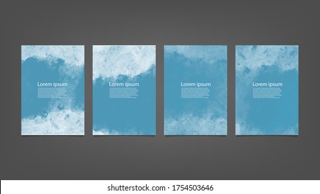 Big set of bright vector blue watercolor on vertical black background for brochure poster or flyer
