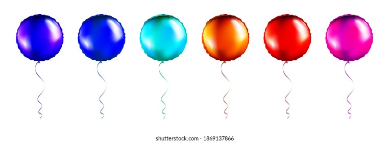 Big Set Of Bronze, Pink And Blue Round Shaped Foil Balloons On Transparent White Background. Mockup For Balloon Print. Vector.