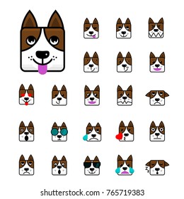 Big set of brown dog flat vector cartoon emoticon faces Character of a Dog. Icon pack. Emoji isolated on white background. Vector illustration.