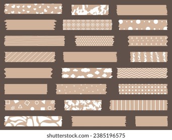 Big set of brown and white ribbons. Washi tapes collection with pattern in vector. Pieces of decorative tape for scrapbooks. Set of vintage labels