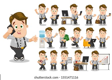 Big set with brunet manager, salesman, lawyer in different situations. Office worker, man keeps lots of money, sits at computer desk, drinks coffee or water, speaks, works. Cartoon vector collection