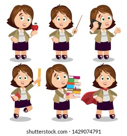 Big set with brunette woman teacher in different situations: speaking by cellphone, holding apple, pointer stick, books, ruler, dressed in red cape. Vector cartoon clipart isolated on white.