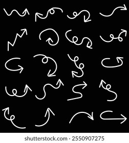 grande conjunto de seta pincel . Conjunto de setas desenhadas à mão abstratas direção e pontos diferentes. ilustração de vetor no fundo isolado eps 10.