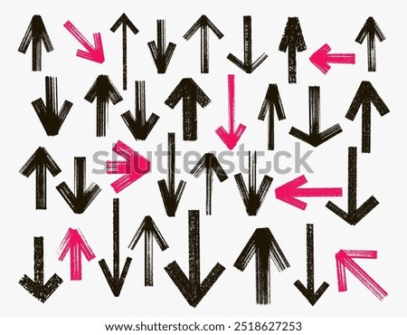 Big set brush, marker drawn bold arrows. Straight line with a direction indicator in the form of an arrow. Collection of vector hand drawn doodle thick arrows in different directions.