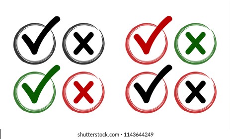 Big Set of Brush Painted Grunge Yes & No Check Mark Icons. Creative Vector Design