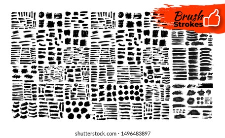 Big set of brush strokes text boxes. Paintbrush set. Grunge design elements. Painted objects. Dirty texture banners. Ink splatters. Vector illustration. Isolated on white background.