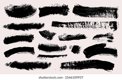 Big set of brush strokes. Vector grunge paintbrush. Grungy painted banners, design elements, dry brush on canvas collection. Rectangle text boxes. Ink splatters. Thin dirty distress texture banners.