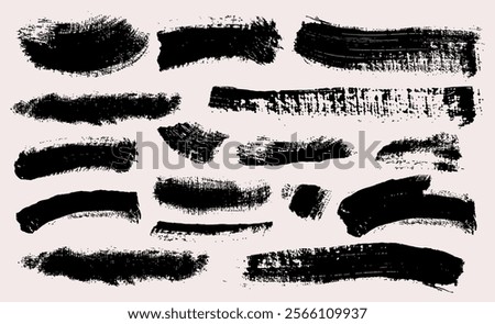Big set of brush strokes. Vector grunge paintbrush. Grungy painted banners, design elements, dry brush on canvas collection. Rectangle text boxes. Ink splatters. Thin dirty distress texture banners.