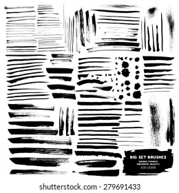 Big Set of brushes ink design elements. Hand-drawn with watercolor  grunge strokes (individual objects). Abstract watercolor design elements for your projects. Vector illustration