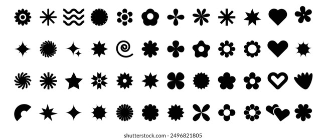 Big set of brutalist geometric flowers and shapes. Modern abstract graphic design elements. Trendy daisy minimalist flowers, stars, organic form style isolated symbols.