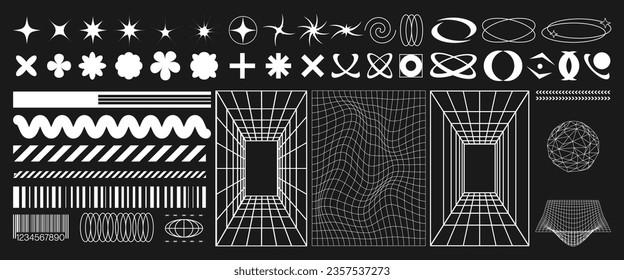 Big set of brutalist geometric shapes. Trendy abstract minimalist figures, stars, flowers, circles.Retro futuristic geometric design elements. Neo futuristic style. Trendy vector illustration elements