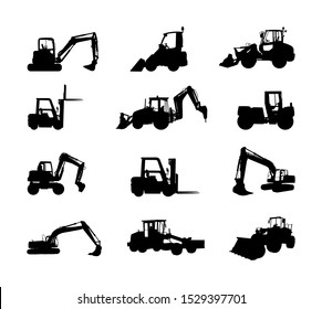 Big set of bulldozer loader vector silhouette isolated on white. Dusty digger, excavator dozer. Under construction. Building machine bager. Motor grader, Forklift cargo car, road roller, asphalt paver