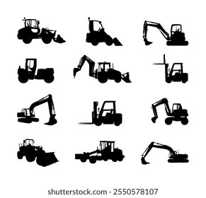 Grande conjunto de bulldozer loader vetor silhueta isolado no branco. Escavador empoeirado, escavadeira. Em construção. Construindo máquina de cerveja. Motocicleta, Empilhadeira, carro de carga, rolo de estrada, pavimentador de asfalto