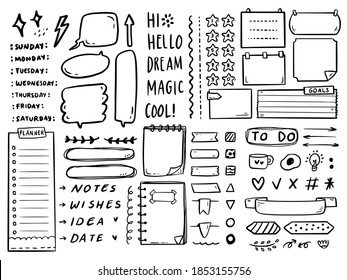 Big set bullet journal notes to do list drawing doodle vector collection