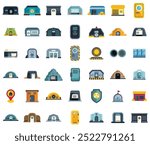 Big set of bunker icons in flat style showing different kinds of shelters for protection and safety during war or disaster