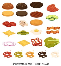 Big set of burgers ingredients and toppings, flat vector illustration isolated on white background. Kinds of vegetables and meat for burger and hamburger preparing.