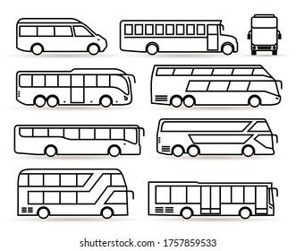 Big set of bus icon. Transport symbol black in linear style. Vector illustration. Isolated on white background.