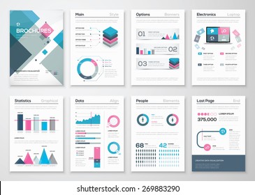 Big set of business brochures and infographic vector elements. Illustrations of modern info graphics. Use in website, flyer, corporate report, presentation, advertising, marketing etc.