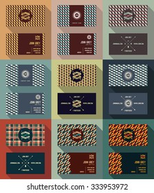 Big set of business card template, vintage retro background with geometric pattern and Hipster logo. Vector illustration.
