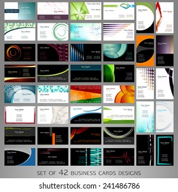 Big Set of business cards designs with many shapes like circles, squares, triangles and other and with many colors.