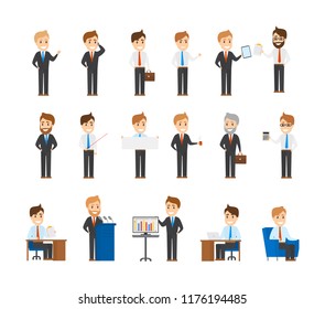 Big set of business characters. Collection of busy office workers in different situations. Men sitting at desk, making presentation and having a break. Isolated flat vector illustration