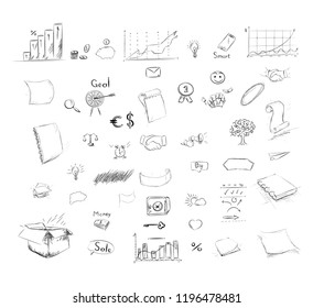 Big set of business components. Black and white sketch money, goals, weights,   statistik, arrows, scribble, notebook, hand and other symbols in a vector.