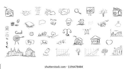 Big set of business components. Black and white sketch money, goals, weights,   statistik, arrows, scribble, notebook, hand and other symbols in a vector.