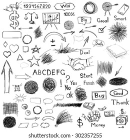 Big set of business components. Black and white sketch hatch, handshakes, goals, weights, money, arrow, box, notebook, horn and other characters in a vector.