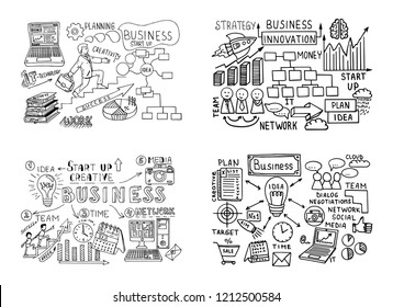 Big set of Business doodles icons: computer, media, social network, web, communication, mobile; Graph, diagram, approximation, statistics; team, idea, plan, goods. Vector hand drawing illustration.