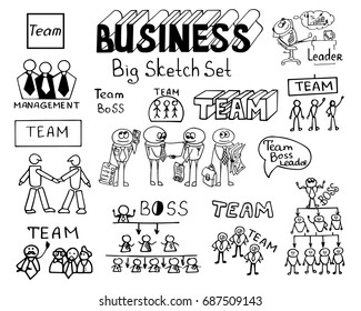 Big set of Business doodles icons: Office Manager; Agreement; Cooperation; Social network;Team. Vector hand drawing illustration. Vector business doodle monochrome set on a white background.