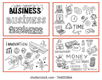 Big set of Business doodles icons: computer, media, social network, web, communication, mobile; Graph, diagram, approximation, statistics; team, idea, plan, goods. Vector hand drawing illustration.