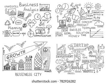 Big set of Business doodles icons: computer, media, social network, web, communication, mobile; Graph, diagram, approximation, statistics; team, idea, plan, goods. Vector hand drawing illustration.